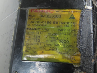 Fanuc A06B-0166-B675#0016 AC Servo Motor 3.8kw 3000 RPM Pulsecoder Encoder