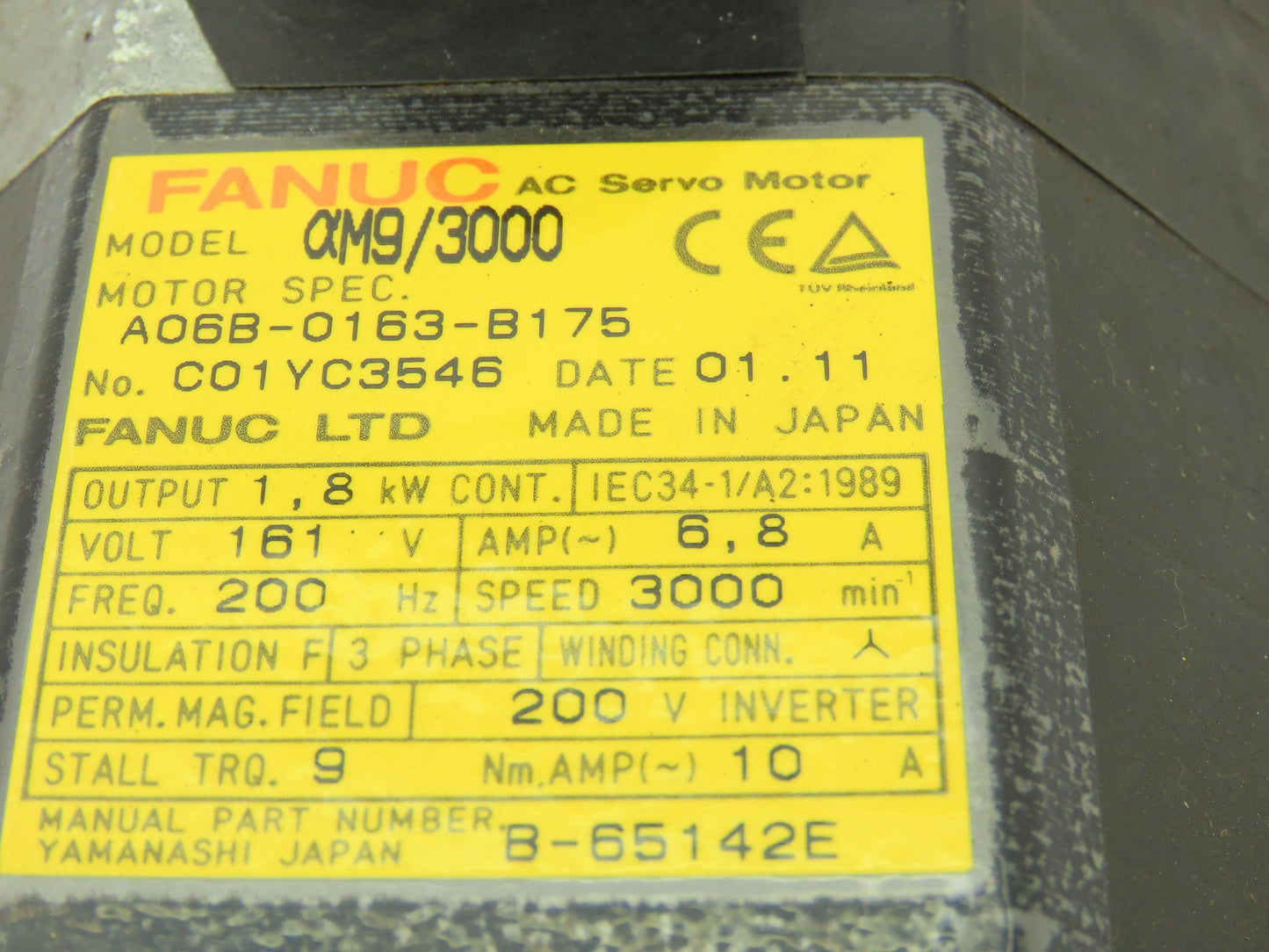 Fanuc A06B-0163-B175 Servo Motor aM9/3000 1.8kw 3000 RPM Pulsecoder aA64