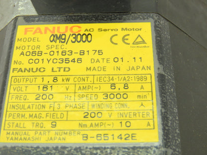 Fanuc A06B-0163-B175 Servo Motor aM9/3000 1.8kw 3000 RPM Pulsecoder aA64