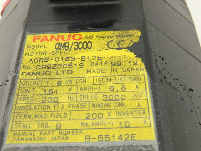Fanuc A06B-0163-B175 Servo Motor aM9/3000 1.8kw 3000 RPM Pulsecoder aA64
