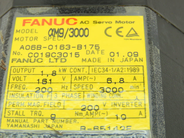 Fanuc A06B-0163-B175 Servo Motor aM9/3000 1.8kw 3000 RPM Pulsecoder aA64