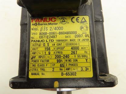 Fanuc A06B-0061-B604#S000 AC Servo Motor 0.5kw 4000 RPM 156V