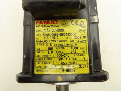 Fanuc A06B-0061-B604#S000 AC Servo Motor 0.5kw 156V 4000RPM Pulsecoder Encoder