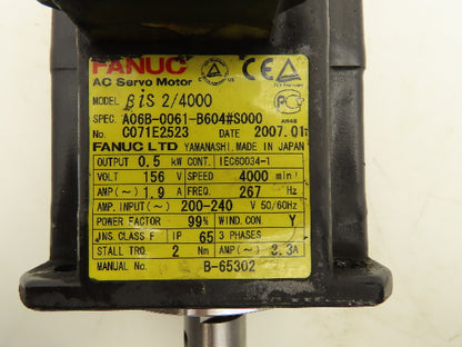 Fanuc A06B-0061-B604#S000 AC Servo Motor 0.5kw 156V 4000 RPM Pulsecoder Encoder