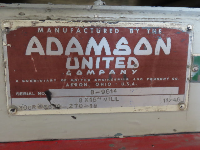 Adamson United 2-Roll Silicone Rubber Mixing Mill 8"x 16" Rollers 15Hp