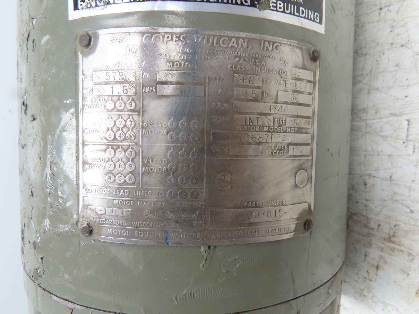 Copes Vulcan Doerr AC Motor 1.5Hp 1740 RPM 460/575V 3PH E66CZ Intermittent Duty