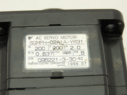 Yaskawa SGMPH-02A1A-YR31 AC Servo Motor 200W 0.637Nm 3000 RPM