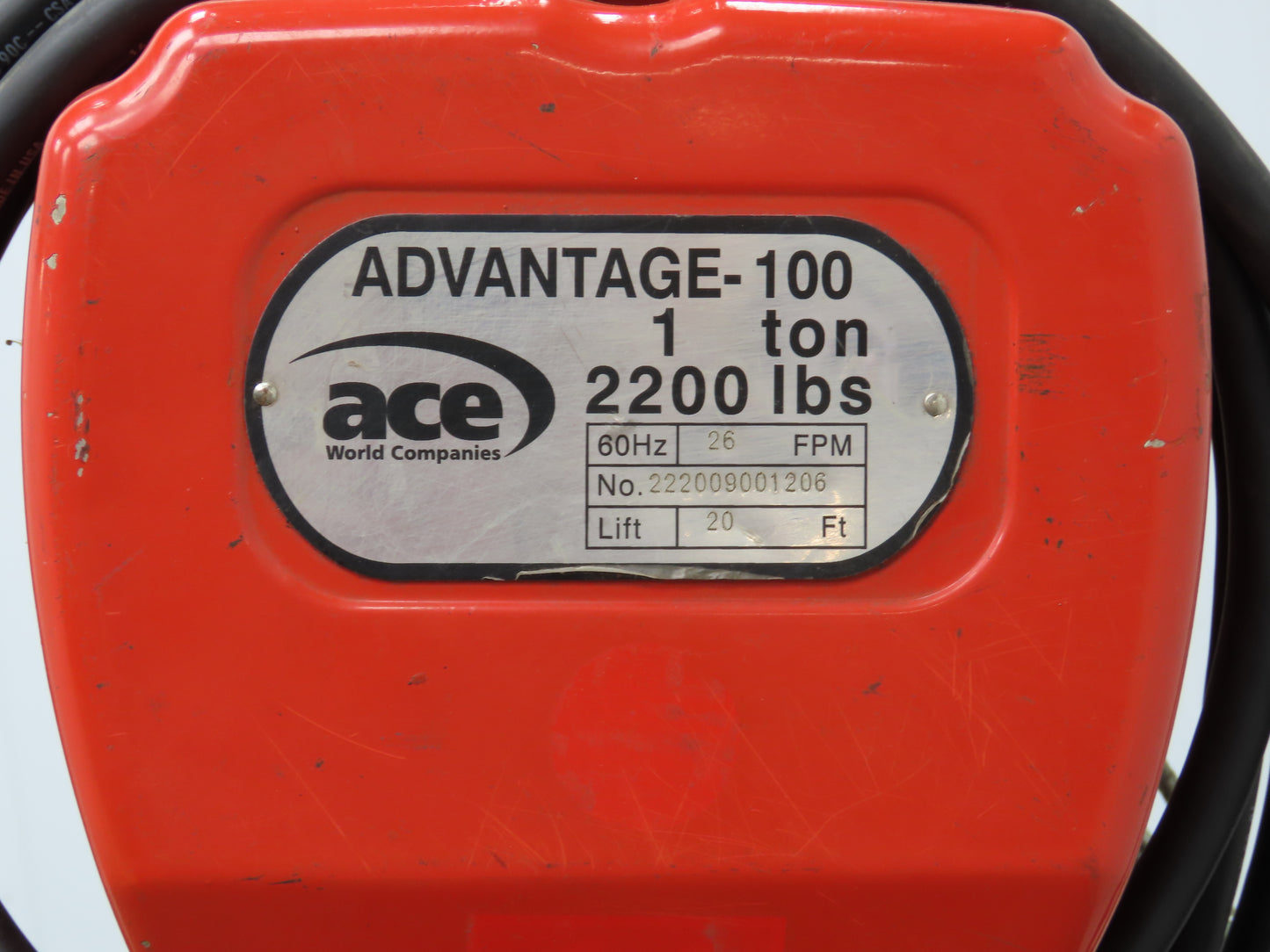 Advantage 100 1 Ton Electric Chain Hoist 26 FPM 18' Travel 16' Pendant 460 Volt