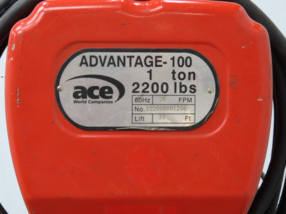 Advantage 100 1 Ton Electric Chain Hoist 26 FPM 18' Travel 16' Pendant 460 Volt