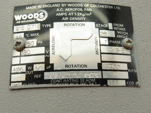 Woods Air Movement JS180013 A.C. Aerofoil fan 220VAC 3300RPM 10" 26° Pitch Angle