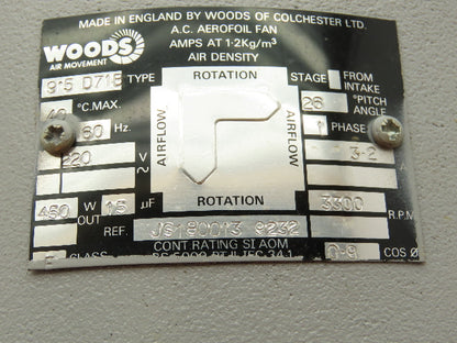 Woods Air Movement JS180013 A.C. Aerofoil fan 220VAC 3300RPM 10" 26° Pitch Angle