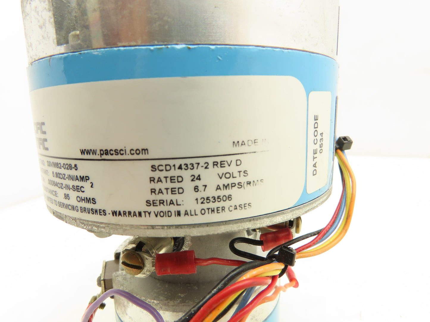 Pacific Scientific 33VM62-028-5 Servomotor With Tach Encoder 24V 6.7A