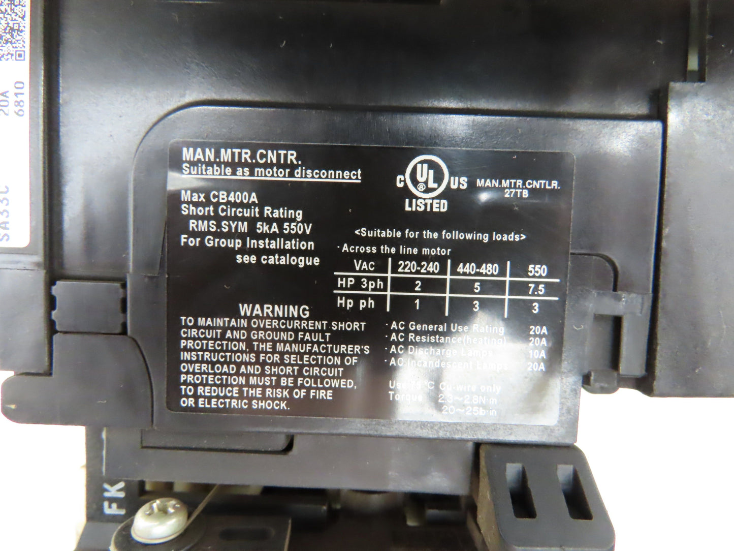 Fuji Electric SA33C Circuit Breaker W/Rotary Disconnect Switch 20A 3 Pole