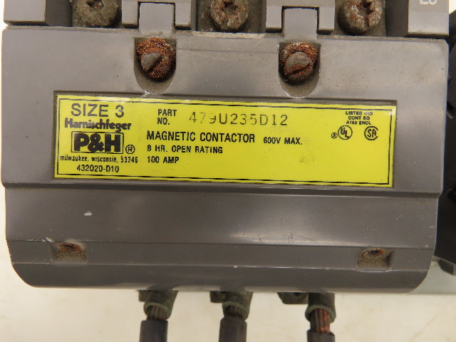 P&H 479U235D12 NEMA Size 3 Reversing Motor Starter Contactor 100A 600V 3PH