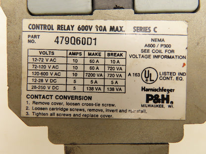 P&H 479Q60D1 Control Relay 120V Coil 2 Contact Blocks