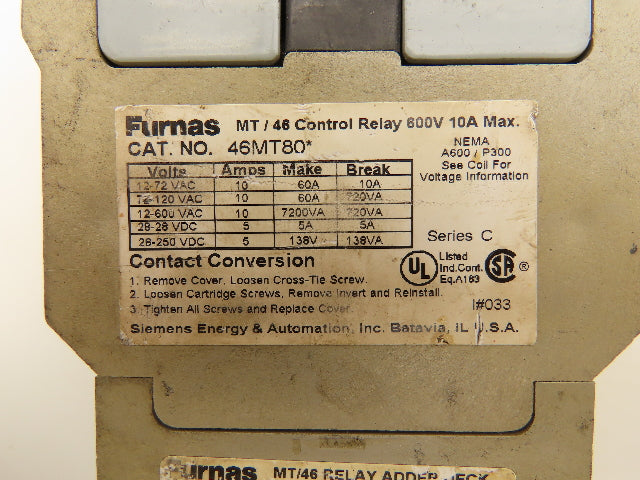 Furnas 46MT80F MT/46 Control Relay Ser C 5A 110-120V Coil