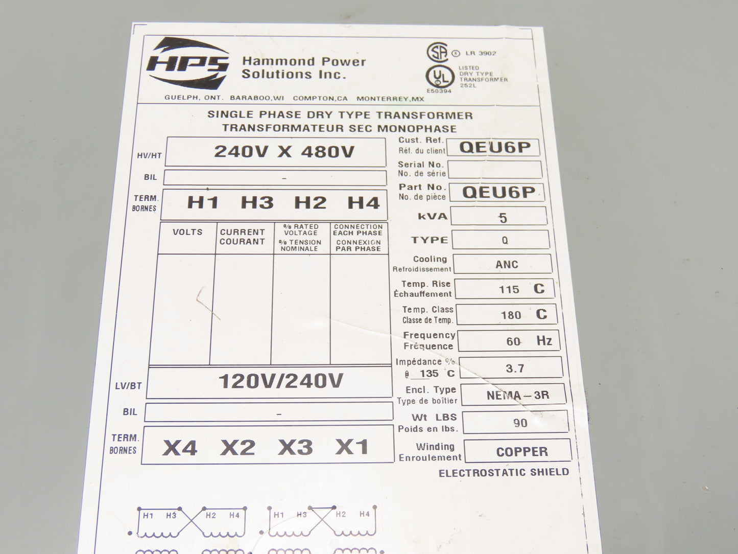 Hammond Power QEU6P Transformer HPS Titan 5KVA 240/480V x 120/240V 1Ph