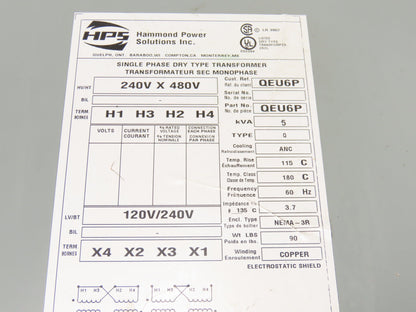 Hammond Power QEU6P Transformer HPS Titan 5KVA 240/480V x 120/240V 1Ph