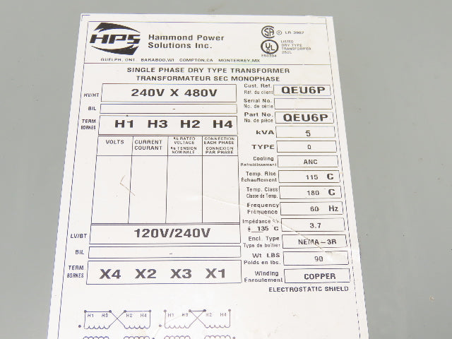 Hammond Power QEU6P Transformer HPS Titan 5KVA 240/480V x 120/240V 1Ph