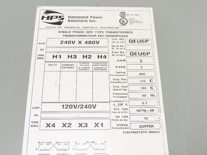 Hammond Power QEU6P Transformer HPS Titan 5KVA 240/480V x 120/240V 1Ph
