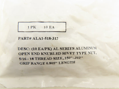 AVK ALA1-518-312 Aluminum Knurled Rivet Nut Insert 5/16-18 UNC 0.80"L  Lot of 50
