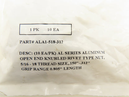 AVK ALA1-518-312 Aluminum Knurled Rivet Nut Insert 5/16-18 UNC 0.80"L  Lot of 50