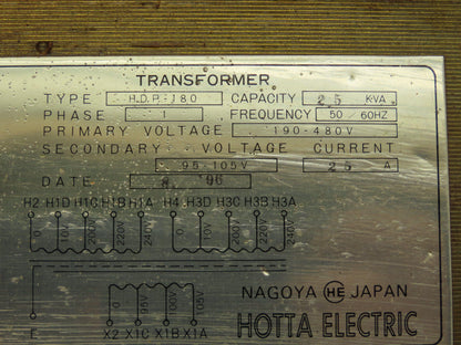 Hotta Electric HDP-180 Control Transformer 2.5KVA 190-480 25A Ph1
