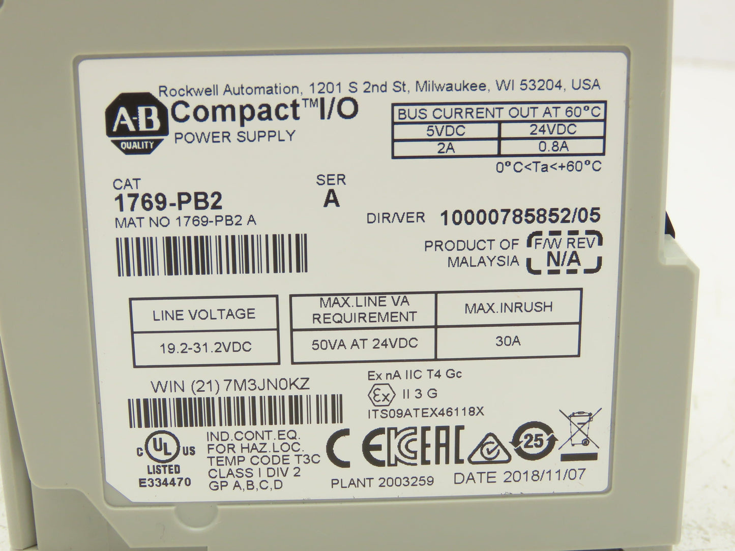 Allen-Bradley 1769-PB2 Compact I/O Power Supply 24VDC 0.8A Series A