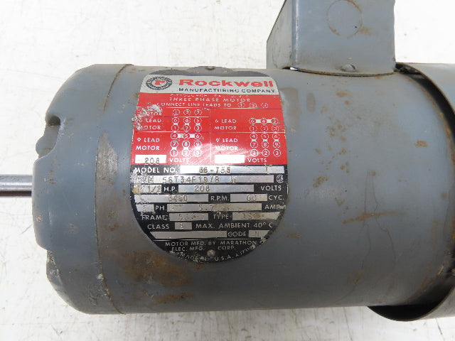 Marathon Rockwell 56T34F197B AC Motor 1.5Hp 3450 RPM 208-230V 3PH 56 Frame