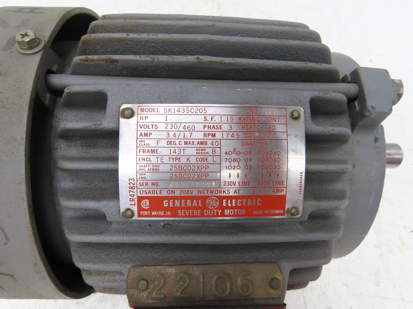 GE General Electric 5K143SC205 Severe Duty Motor 1Hp 1745RPM 230/460V 3PH 143T