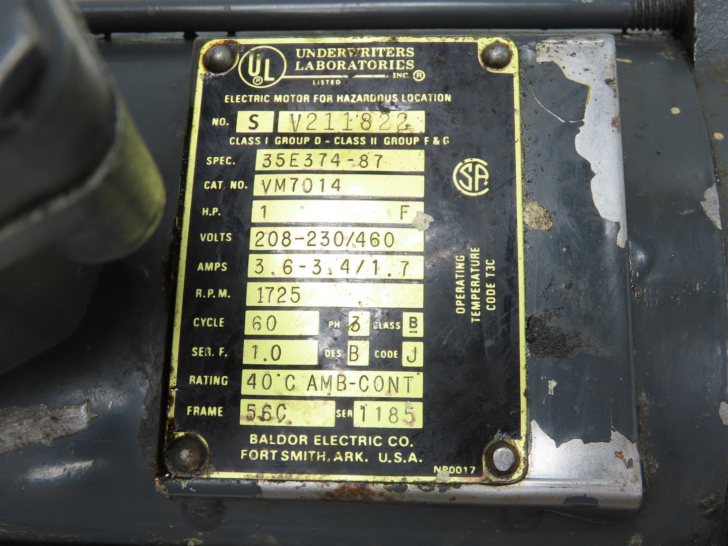 Baldor VM7014 AC Motor 1Hp 1725 RPM 208-230/460V 3PH 56C Hazardous Location
