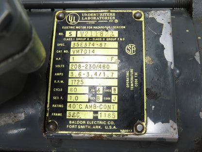 Baldor VM7014 AC Motor 1Hp 1725 RPM 208-230/460V 3PH 56C Hazardous Location