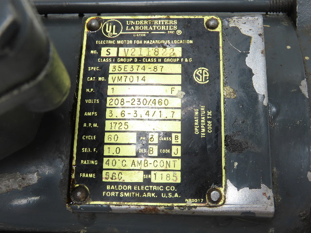 Baldor VM7014 AC Motor 1Hp 1725 RPM 208-230/460V 3PH 56C Hazardous Location