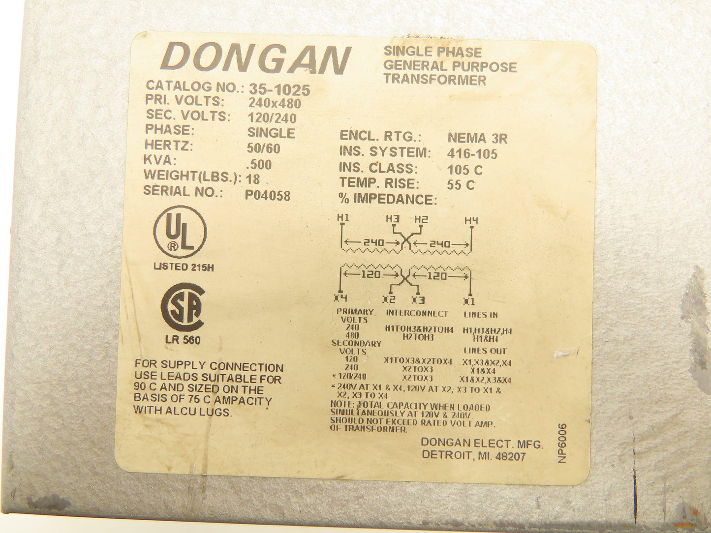 Dongan 35-1025 General Purpose Control Transformer 240-480V 1PH