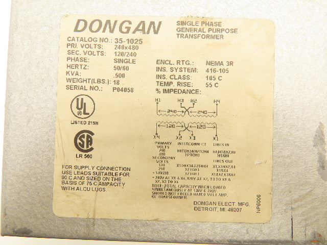 Dongan 35-1025 General Purpose Control Transformer 240-480V 1PH