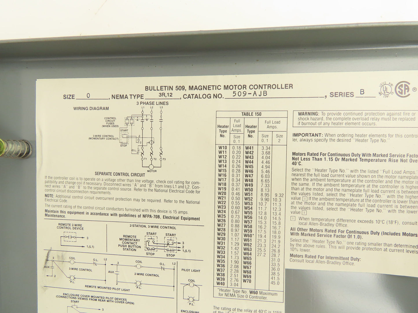 Allen Bradley 509-AJB Magnetic Motor Starter 3 Pole 18A 480V Coil Sz0 Nema 3R,12