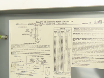Allen Bradley 509-AJB Magnetic Motor Starter 3 Pole 18A 480V Coil Sz0 Nema 3R,12