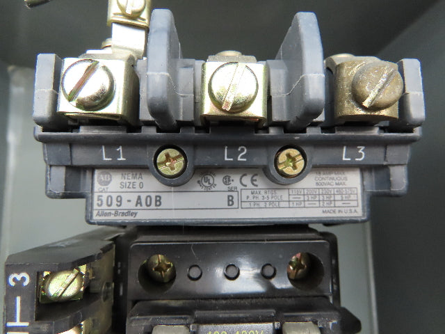 Allen Bradley 509-AJB Magnetic Motor Starter 3 Pole 18A 480V Coil Sz0 Nema 3R,12
