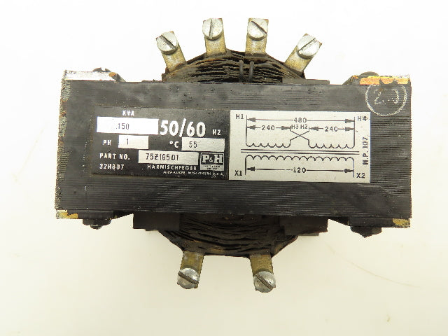 P&H Harnischfeger 75Z165D1 Power Control Transformer .150KVA HV 240/480V LV 120