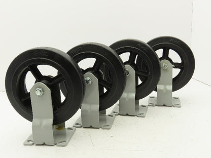 8"x 2" Caster Black Rubber Tire Cast Iron Wheel Rigid Plate  Set of 4
