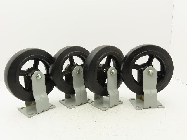 8"x 2" Caster Black Rubber Tire Cast Iron Wheel Rigid Plate  Set of 4