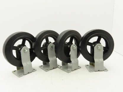 8"x 2" Caster Black Rubber Tire Cast Iron Wheel Rigid Plate  Set of 4