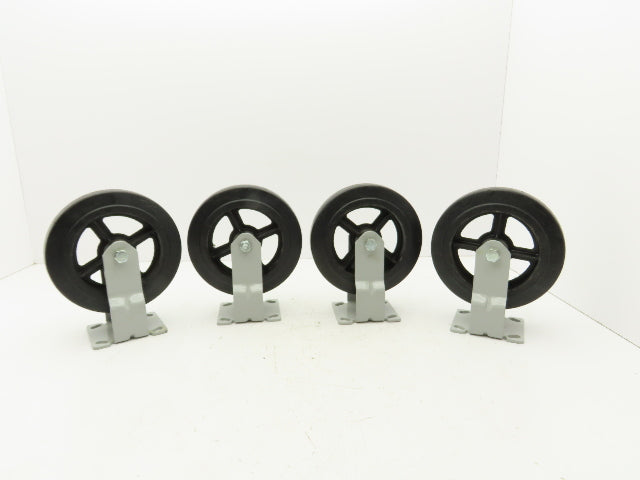 8"x 2" Caster Black Rubber Tire Cast Iron Wheel Rigid Plate  Set of 4