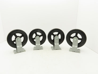 8"x 2" Caster Black Rubber Tire Cast Iron Wheel Rigid Plate  Set of 4