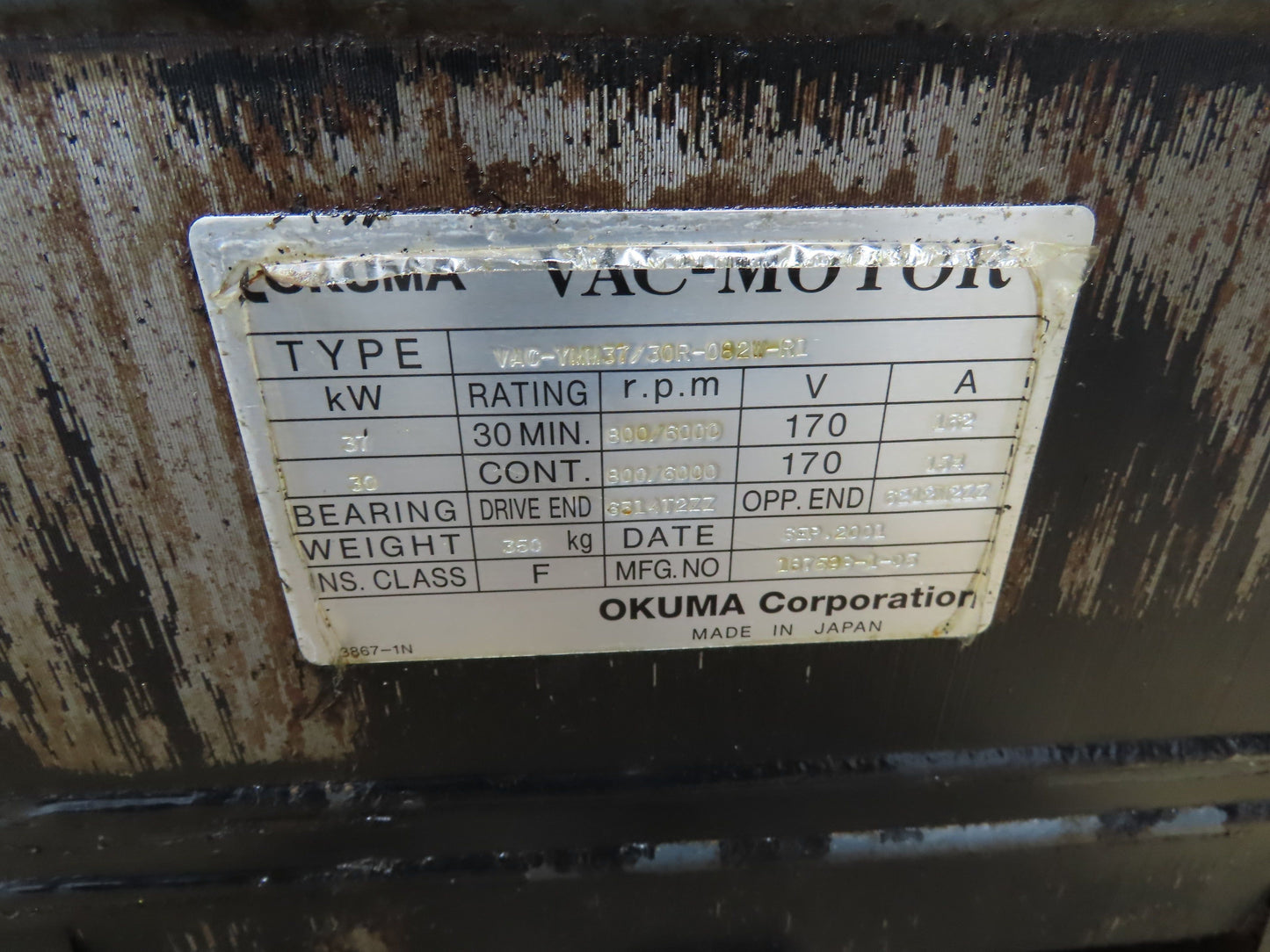 Okuma VAC-YMM37/30R Vac Motor 37/30kw Spindle Servo Motor 6000RPM 170V