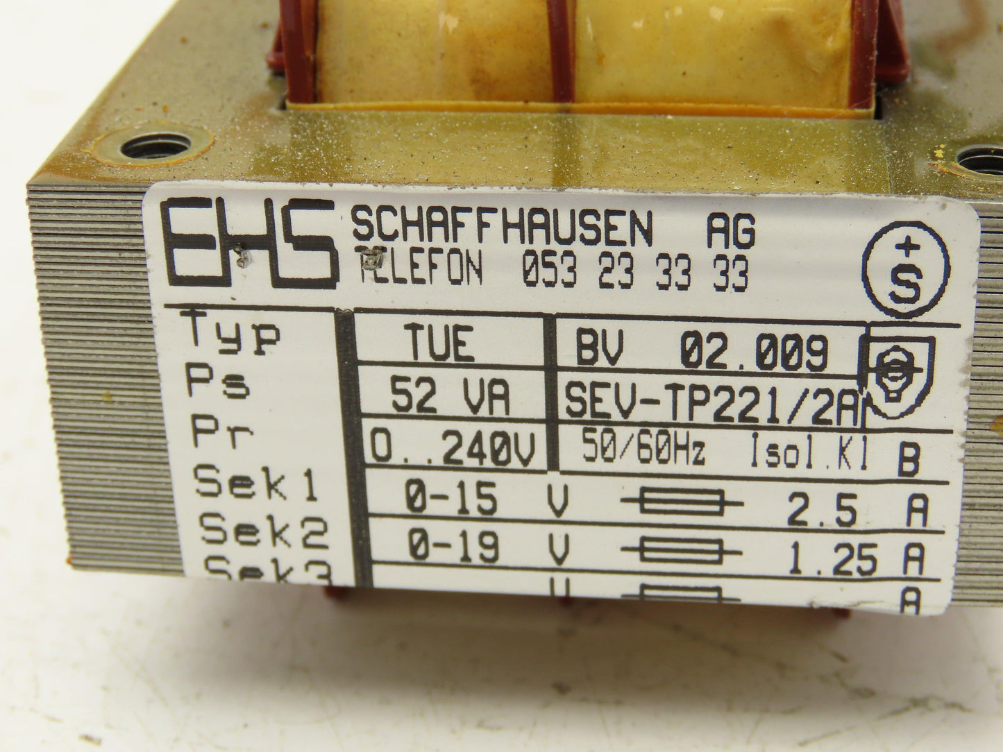 EHS Power Transformer 52VA 240V Pr 15/19V Sek