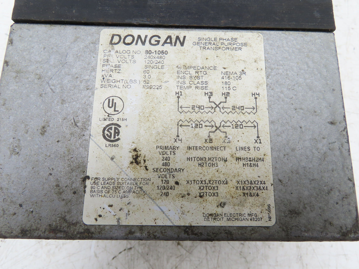 Dongan 80-1050 General Purpose Transformer 1PH 240/480VAC 3.0 KVA