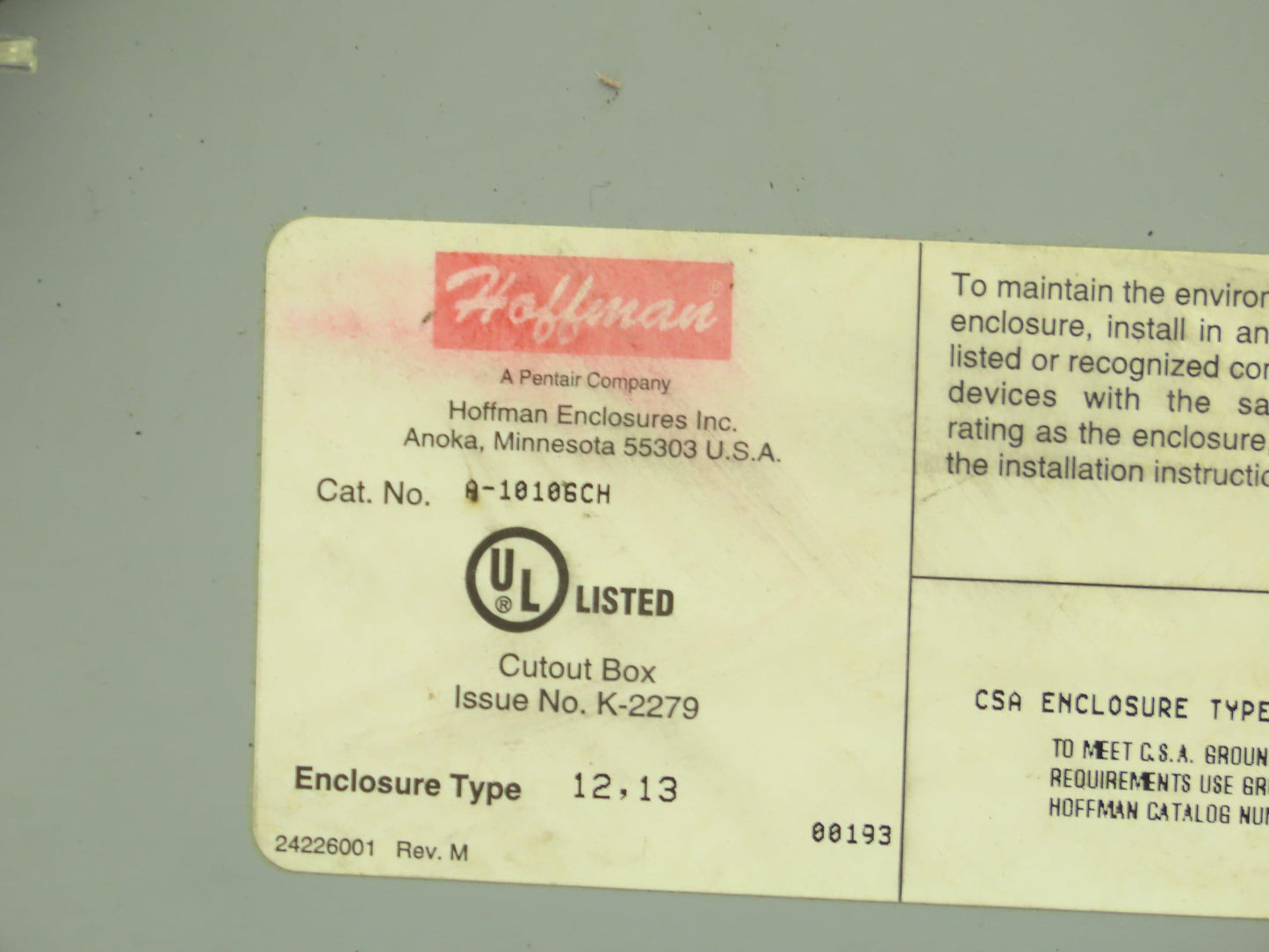 Hoffman A10106CH Electrical Enclosure Junction Box E-Stop Pushbutton 10x10x6"