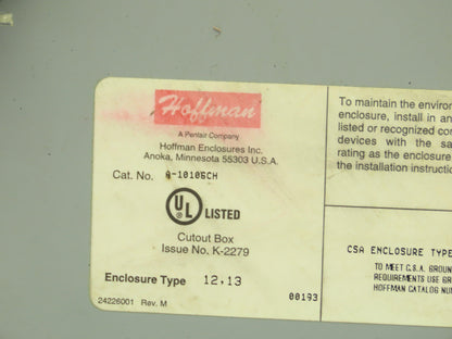 Hoffman A10106CH Electrical Enclosure Junction Box E-Stop Pushbutton 10x10x6"