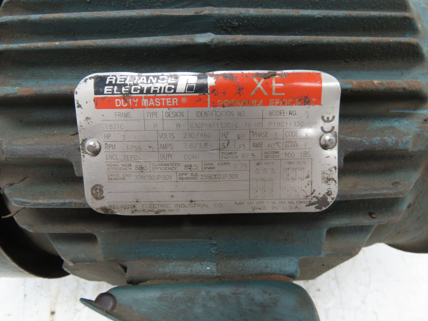 Reliance P18G1132C XE Duty Master AC Motor 3Hp 1755 RPM 230/460V 3PH 182TC TEFC